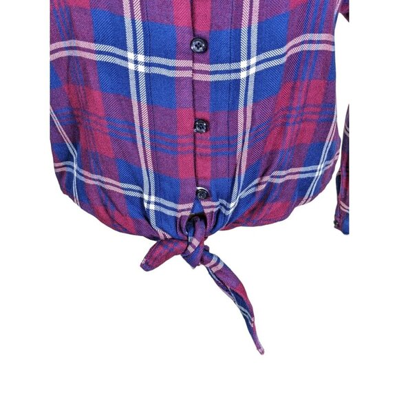 Rails Sloane Plaid Cropped Top Womens S Red Blue Tie Front Dolman Sleeve - Picture 6 of 8